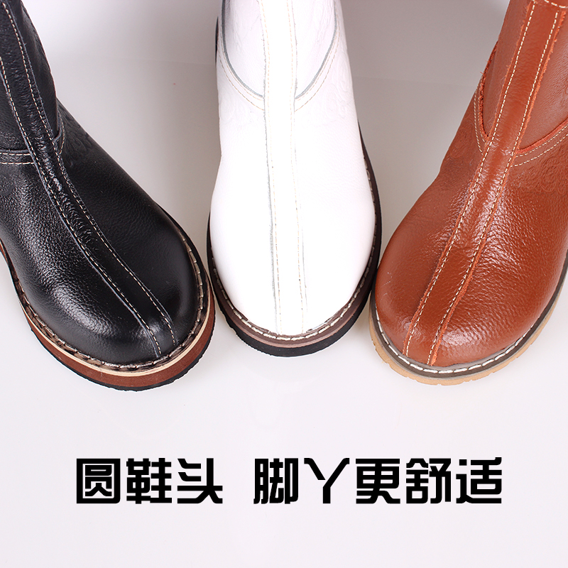 蒙古儿童靴子真皮圆头平跟短靴马牛皮靴手工皮靴秋冬季民族风套脚 - 图0
