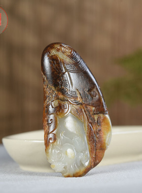 润芯玉天然玉石摆件新疆和田玉籽料红沁真皮招财貔貅独籽玉手把件