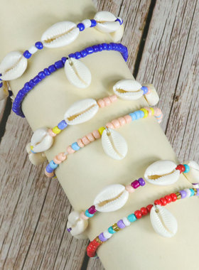 跨境新款波西米亚度假风天然贝壳串珠编织脚链沙滩风海螺米珠脚链