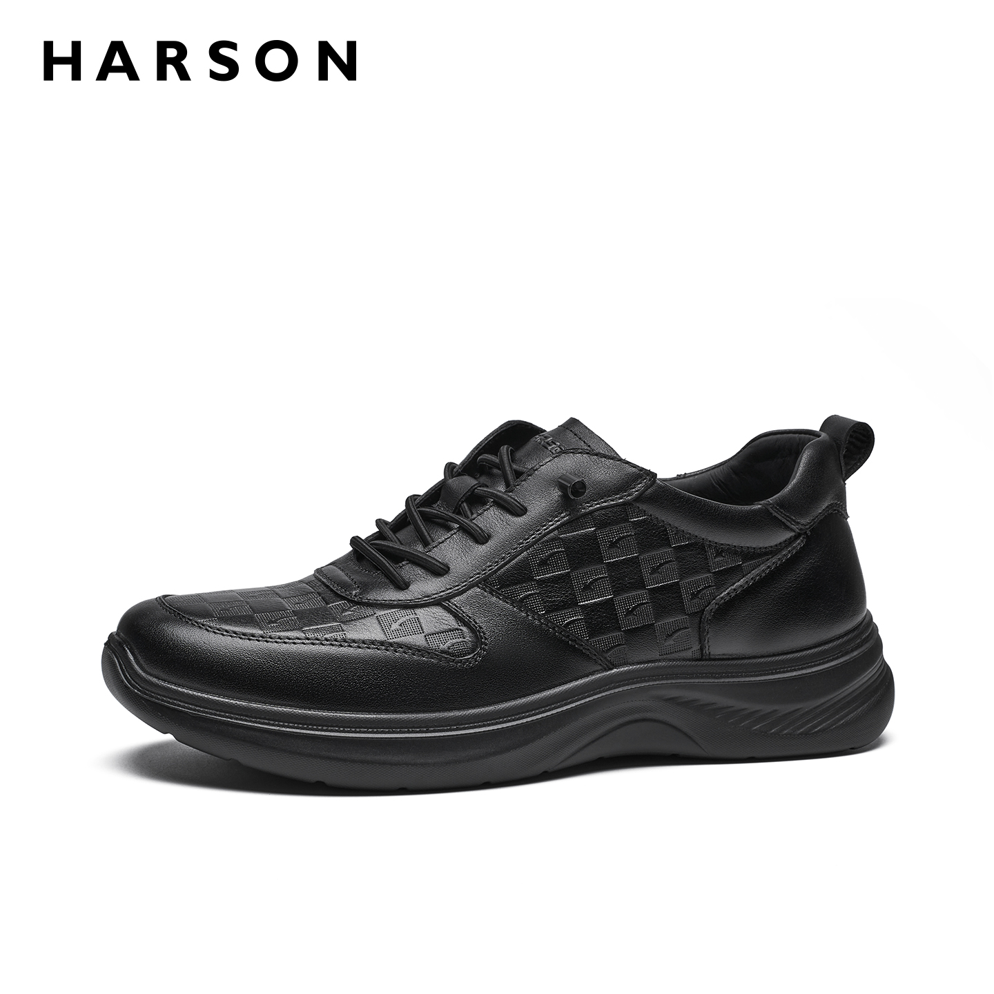 哈森男鞋秋季商务休闲鞋男士皮鞋增高全黑软底公务鞋真皮运动鞋子 - 图0