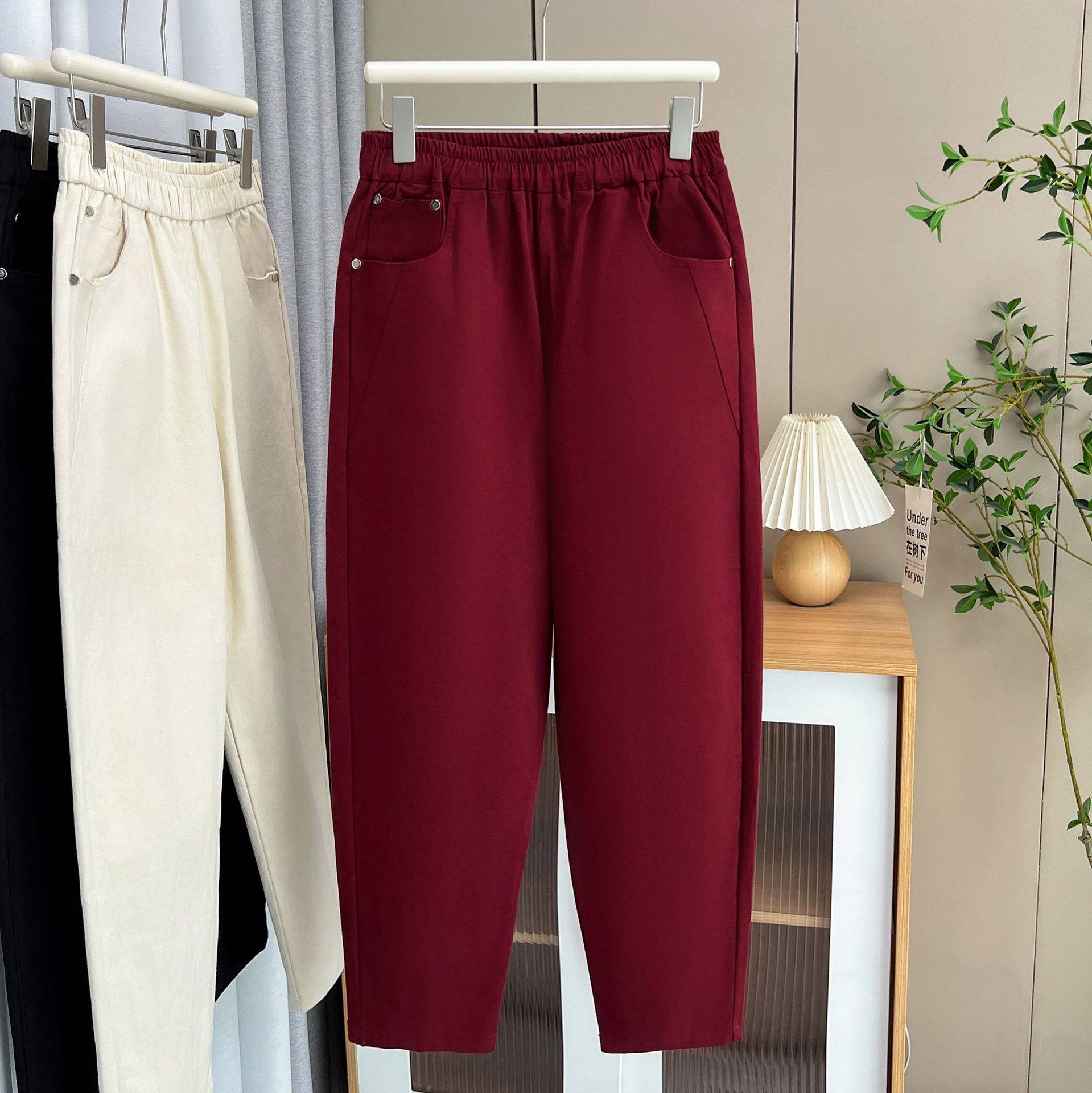 大码裤子女200斤胖mm秋季显瘦宽松休闲白色水洗棉小脚萝卜哈伦裤,淘宝优惠券,粉丝福利购,淘宝优惠卷