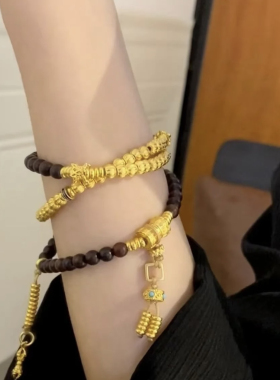 手工串珠多圈手串时尚饰品檀木沙金金珠项链金刚杵佛珠手串国潮女