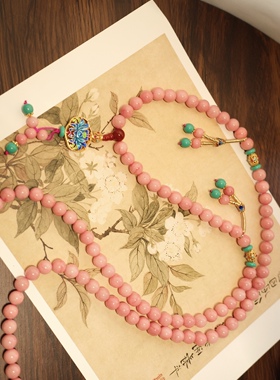 长款国风斜垮链珠红纹石项链多圈108颗手链景泰蓝斜挎长项链