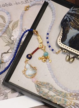 原创设计新中式项链女国风玉髓石长款斜挎链串珠斜挎包口金包