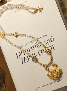 原创新中式古法沙金锦鲤平安如意锁吊坠珍珠项链女新款