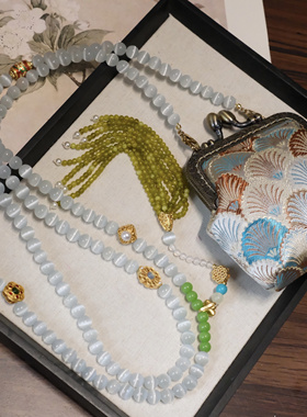 新中式国风猫眼长款斜挎包包链斜挎链背背链项链的复古纯手工小包