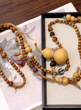 国风葫芦檀木多宝文玩水晶斜挎项链双流苏装饰礼物百搭背背链