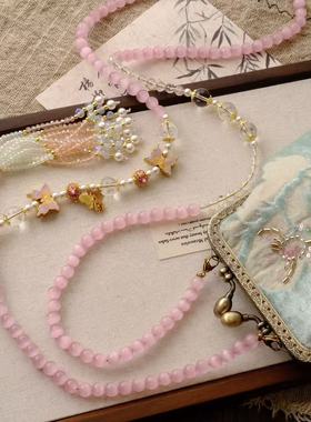 原创设计新中式项链丝绒包包配饰珍珠长款斜挎链串珠粉猫眼