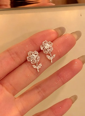 轻奢小众玫瑰闪钻耳钉925银针