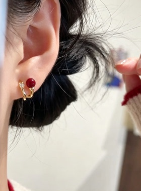 精致小巧锆石红色珍珠耳钉925银针女小众高级感耳环简约百搭耳饰