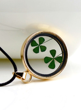 diy手作新款合金相框四叶草pu腊绳项链吊坠