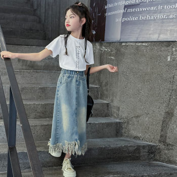 Huzhou Zhili Girls' Middle School Summer 2024 New Korean Style Short-sleeved Denim Tassel Skirt Set two-piece