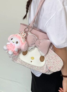 日本LEEQEJ美乐蒂挂件碎花托特包可爱通勤手提包夏季百搭单肩包女