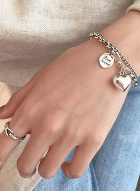 925纯银重工爱心圆片ins小众手链