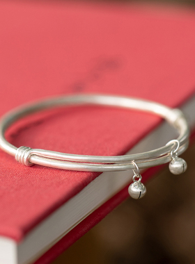 999纯银推拉实心999足银手镯子女铃铛哑光亮面磨砂刻字定制手镯