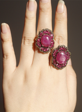 天然红宝石925银镀金戒指