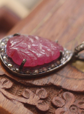 中古董天然红宝石钻石925银吊坠
