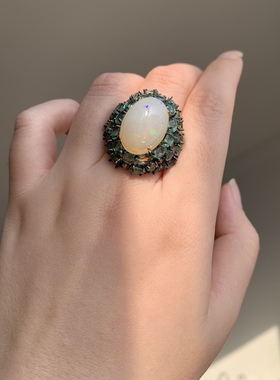 高品质超大欧泊祖母绿银镀金戒指