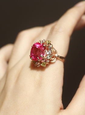 天然红宝石粉色托帕石橄榄石戒指