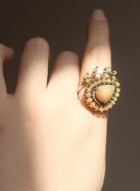 天然欧泊钻石925银镀金艺术戒指