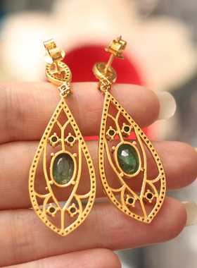 意大利回流进口天然祖母绿钻石925银镀金黑金中古董Vintage耳环