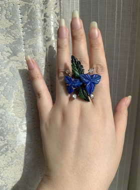 复古珠宝|欧美回流进口天然雕刻青金石蓝托帕925银镀金花卉叶戒指