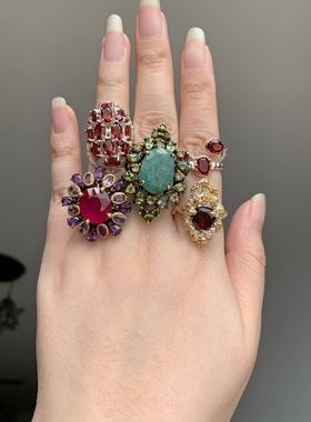 天然祖母绿红宝石榴石橄榄石戒指