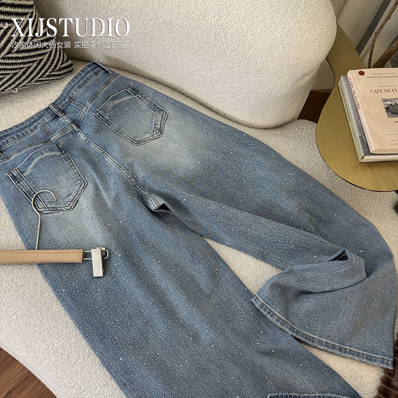 汐家女裤 春季新款重工亮钻阔腿裤大码微弹高腰满钻水洗蓝牛仔裤,淘宝优惠券,粉丝福利购,淘宝优惠卷