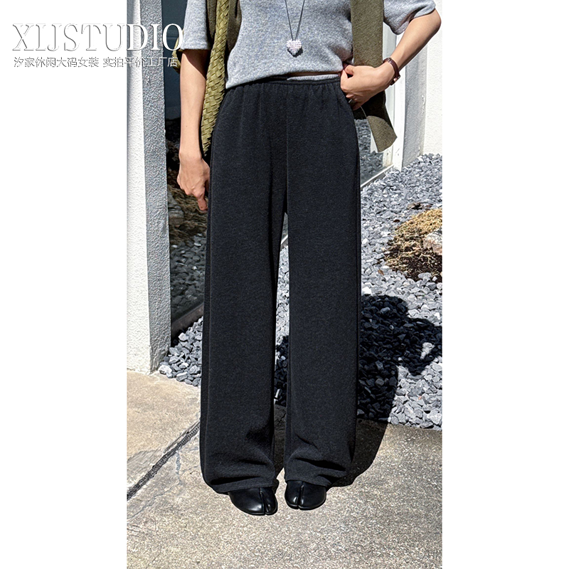 汐家女裤 秋冬新款松紧高腰毛呢窄版弯刀裤大码遮肉显高休闲长裤