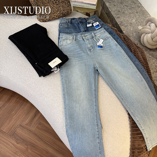 汐家女裤春季新款修饰腿型显瘦烟管裤大码高腰弹力九分直筒牛仔裤 - 图1