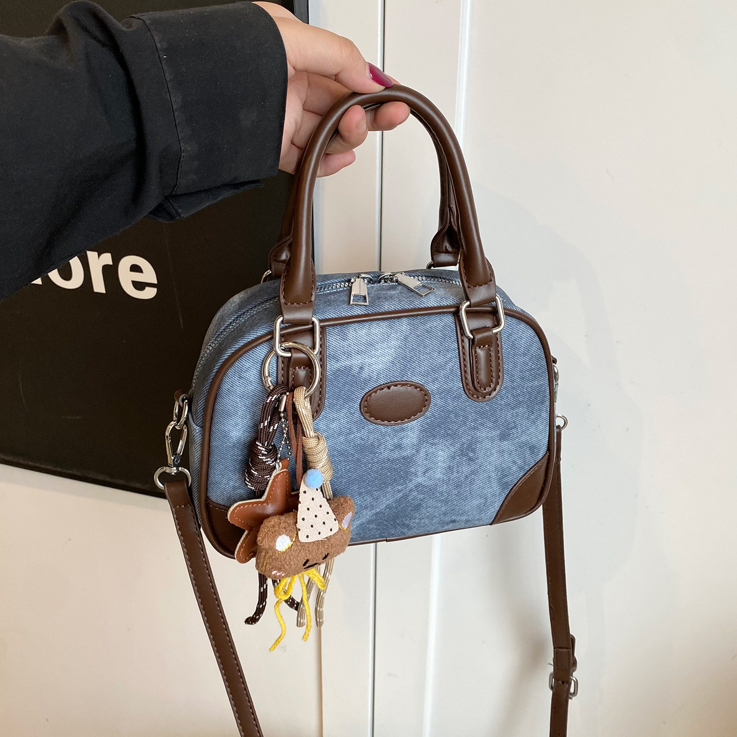 百搭ins撞色小包包女2025新款复古手拎保龄球包秋冬高级感斜挎包,淘宝优惠券,粉丝福利购,淘宝优惠卷