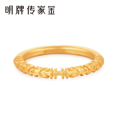 明牌珠宝足金实心戒指 古法黄金素圈卷草纹唐草戒平安女戒AFM0142 - 图0