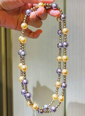 设计师款金色珍珠项链女气质百搭混彩串珠长款挂脖颈链紫色小香风