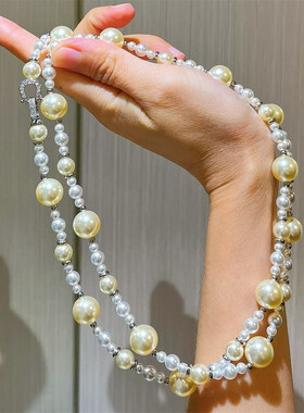 叠戴不规则珍珠项链长款马蹄扣