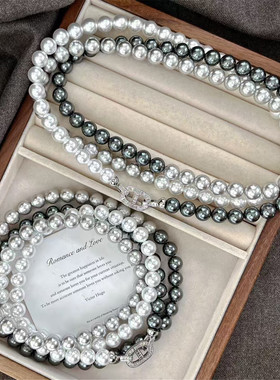 猪鼻扣渐变灰色珍珠长项链挂脖