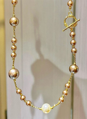 美拉德摩卡棕大小不规则珍珠长款