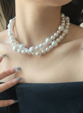 法式夸张大珍珠双层项链米色颈链