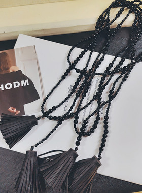 国风大小黑珠超长项链多层叠戴