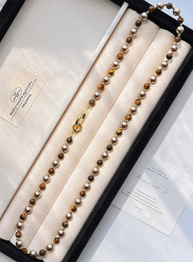 美拉德风咖色珍珠项链女虎眼石