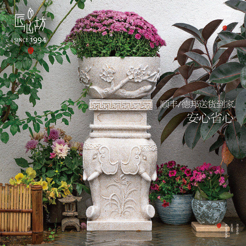 匠心坊中式花园大象石墩摆件户外庭院别墅装饰盆景阳台造景花盆,淘宝优惠券,粉丝福利购,淘宝优惠卷