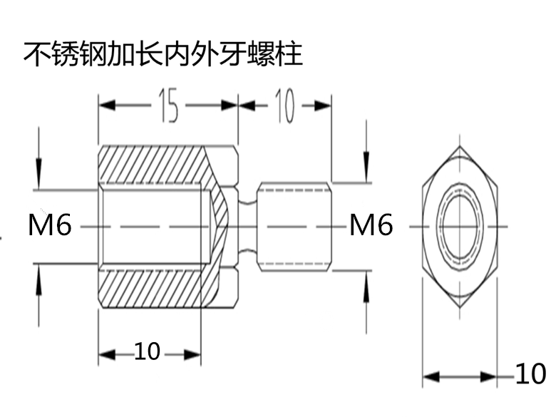 不锈钢内外牙螺栓 连接柱 六角隔离柱 单头六角柱 阴阳螺丝 M6 - 图3