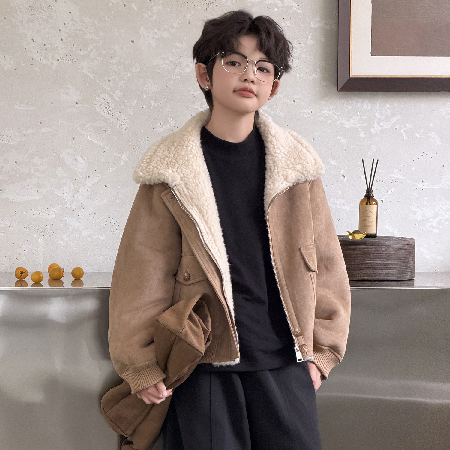 秋冬新品儿童羊毛皮草外套中大男童潮童加厚皮毛一体机车款夹克帅,淘宝优惠券,粉丝福利购,淘宝优惠卷