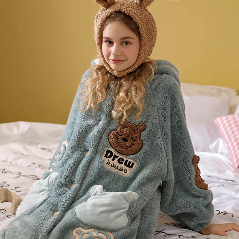 雪尔绵冬季小熊可爱连帽北极绒睡袍 雪尔绵睡衣/家居服套装