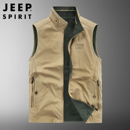 JEEP吉普纯棉双面穿马甲男士秋冬季中年坎肩马夹加棉钓鱼背心外套 - 图0
