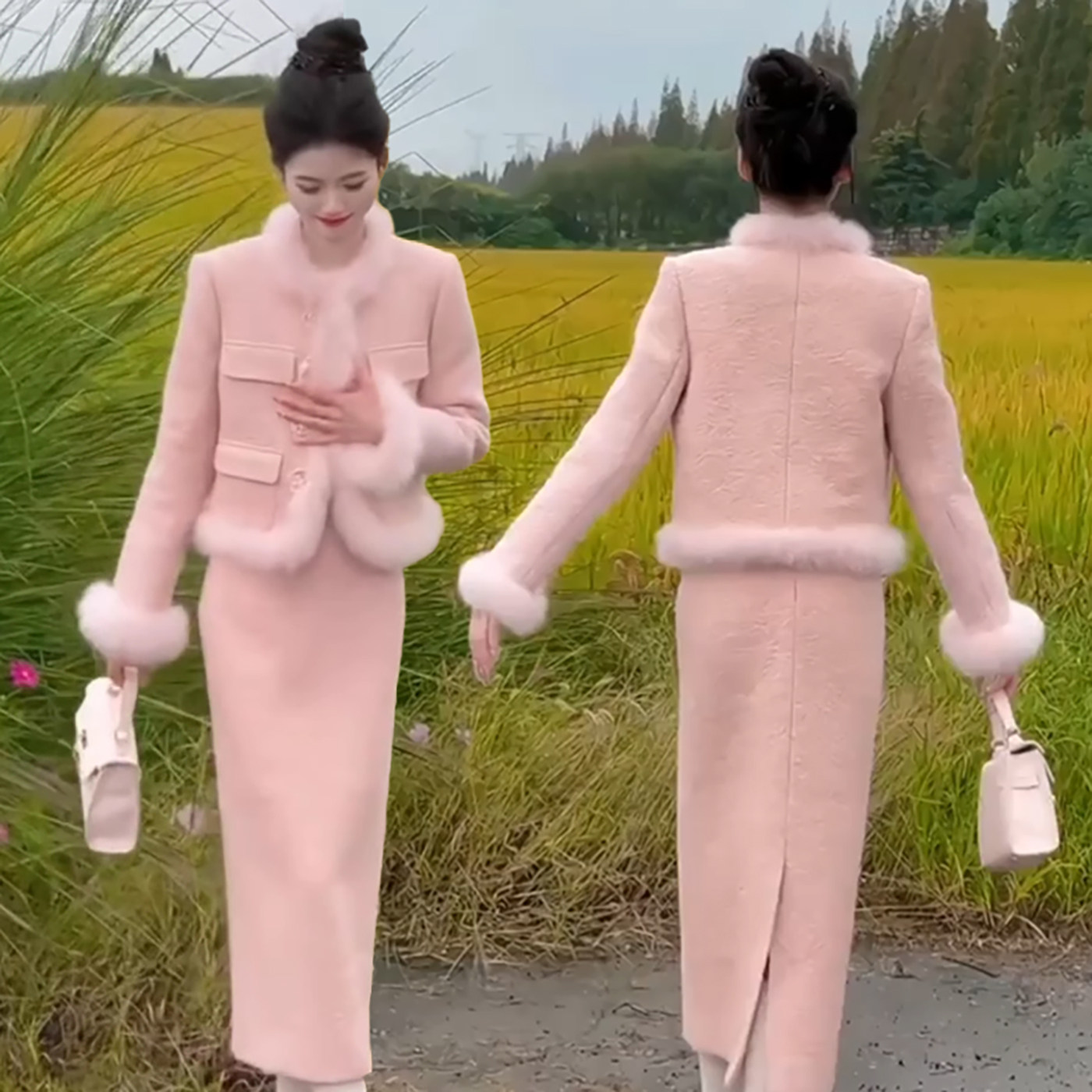 减龄甜美夹棉保暖小香风套装女2025冬新款时尚洋气毛边外套半身裙,淘宝优惠券,粉丝福利购,淘宝优惠卷