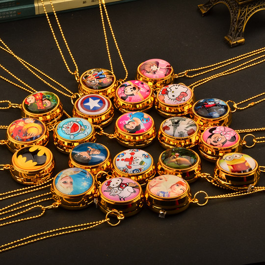 卡通旋转挂表复古翻盖转动怀表学生儿童创意礼物项链女可爱石英表