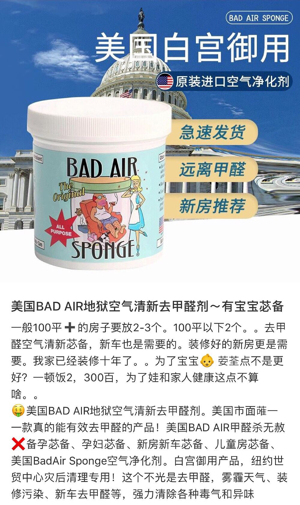 美国人售出 Bad Air Sponge空气净化剂白宫用异味除味甲醛清除剂 - 图1