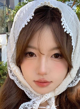 法式田园风头巾白色蕾丝三角巾头巾发带法式包头时尚拍照网红花朵
