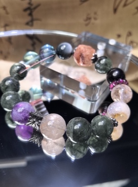 赛博女孩暗黑系12咪水晶手串绿发晶绿萤石招C转Y五福喜用木土手链