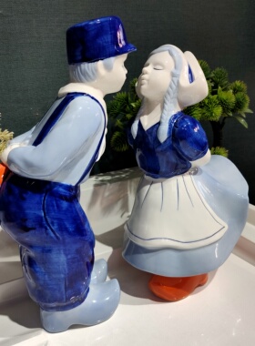 外贸老货荷兰代尔夫特蓝彩手绘男童女童情侣摆件套装/高29.5/26.5